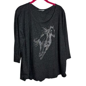 Charcoal Gray Rhinestone Horse Graphic 3/4 Sleeve Top Horseshoe Back Detail